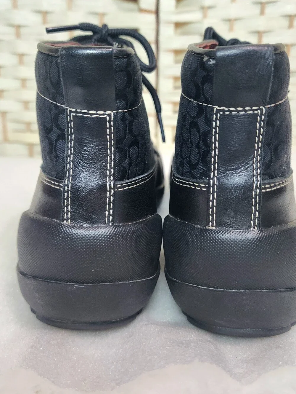 Coach Dyanne Black Oiled Leather Jacquard Logo Lace-up Booties Size 7.5 P488